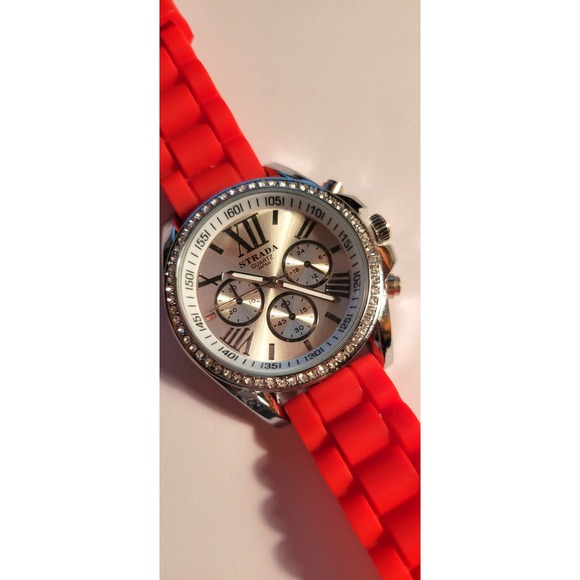 Strada Accessories - STRADA GENOA Women's Rhinestone Accent Watch RED Silicone Strap Chronograph